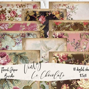 Papel floral para scrapbook shabby, papel digital vintage shabby chic, rosa e marrom, papel digital vintage rosa rosa. P58