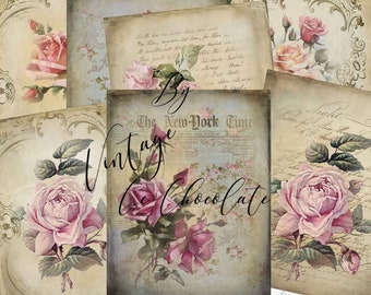 May include: A collection of digital paper sheets featuring aged parchment textures, cursive handwriting, and detailed illustrations of pink roses. The central sheet displays a New York Times newspaper header and the text Vintage Le Chocolate.