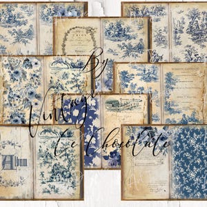 Vintage Toile Junk Journal Shabby Frans ontwerp afdrukbaar blauw toile plakboekpapier. P407