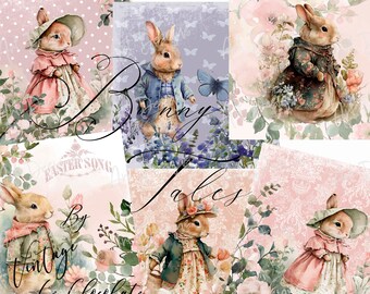 Bunny Journal Scrapbook Digital Paper, Watercolor Flower Collage Digital Paper. WC567