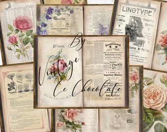 May include: A collage of vintage images featuring floral illustrations, newspaper clippings, and text. The text includes "Fleurs", "By Vintage Ce Chocolate", "Rue des Tapissiers, 28, Reims", "Linotype", "Composing Machine", "One Man 12,000 Ems", "American Watch Case Mfg Co", "Smillie Dorrance & Rice", "T. Besser & Co Importers - Watches", "Waterbury Clock Co", "Clock Clock Materials", "Edward Stoddard & Co", "Gold Pens", "602 Broadway, New York", "Distribution. No "Pie-ing", "Company, Limited", "London, E.C."