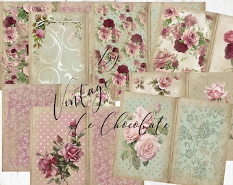 Rose Floral Junk Journal, Vintage Rose Collage, Pink Floral Scrapbook Paper, Digital Download. P368