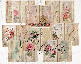 May include: A set of 10 digital papers featuring vintage book pages with floral designs and distressed textures. The papers are perfect for scrapbooking, card making, and other crafting projects.