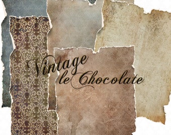 May include: A collection of six vintage paper scraps with torn edges. The papers are in various shades of brown, beige, and blue with a subtle pattern. The text "Vintage le Chocolate" is written in cursive on one of the papers.