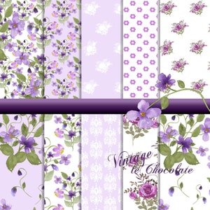 Papel digital para álbum de recortes con flores violetas y moradas. Papel floral imprimible de color morado. P176