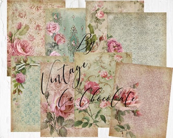 May include: A set of vintage digital papers featuring a floral pattern with pink roses and green leaves on a light brown background. The papers are perfect for scrapbooking, card making, and other crafting projects.