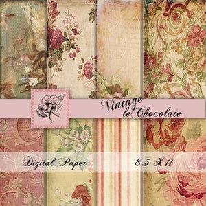 Shabby Rose Digital Paper Pack, Vintage Floral Scrapbook Sheets (8.5 x 11)