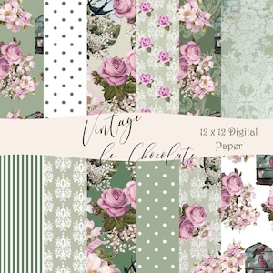 Scrapbook Journal Papiere Grün Shabby Chic Lavendel Blumen Digitales Papier. P99