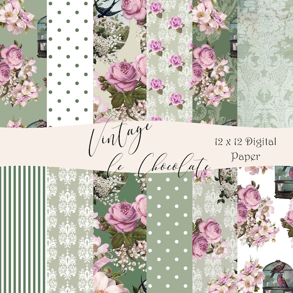 Scrapbook Journal Papers, Green and Lavender Floral Digital Paper. P99