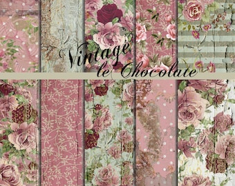 Shabby Rose Digital Paper: Torn Wallpaper Textures (Digital Download)
