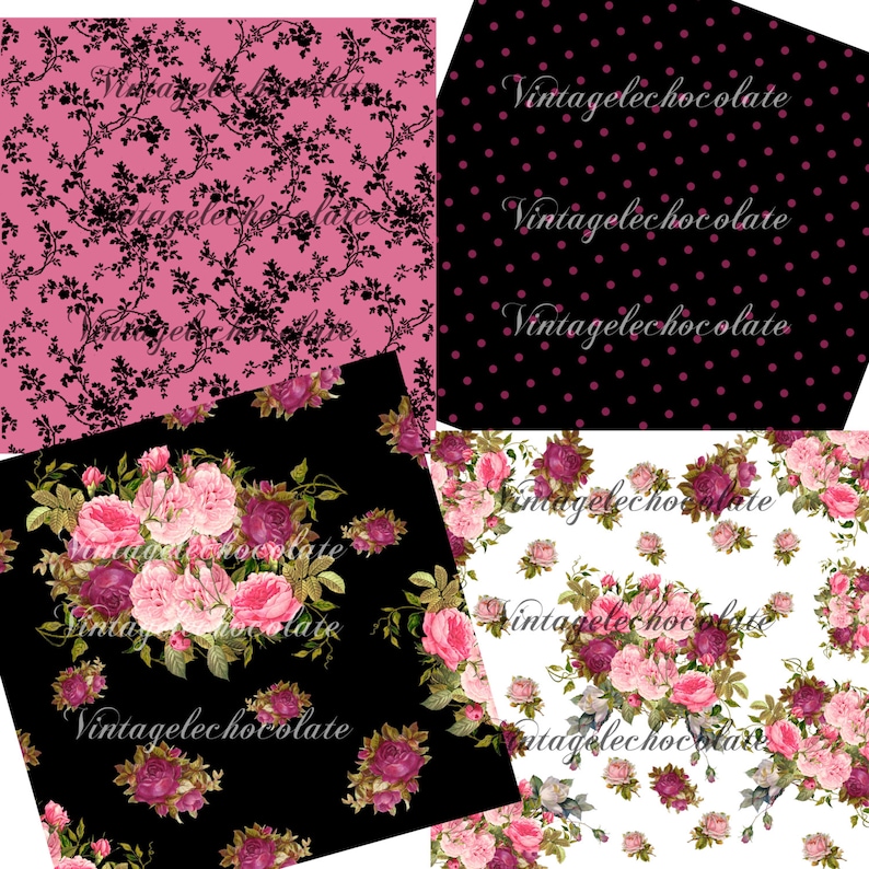 Digital Scrapbook Paper, Pink Floral Digital Papers, Pink and Black Vintage Rose Paper, Shabby Chic Floral Digital Paper. No. P90.VA image 3