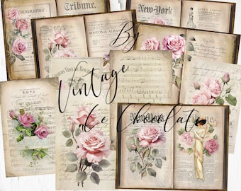 May include: A collage of vintage ephemera featuring roses and text. The pieces include old book pages, sheet music, and newspaper clippings. The color palette is soft, with pink roses and sepia-toned backgrounds. The word "Vintage" is written in cursive.