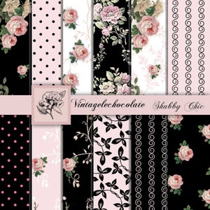 Pink Rose Shabby Chic Digital Paper: Black Floral Journal (Digital Download)