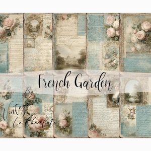May include: A collage of vintage-style paper with floral and script elements. The design features soft pastel colors, including light blue, beige, and pink. The text "French Garden" and "Vintage Le Chocolate" are visible.