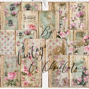 Pagine di diario con fiori rosa / Carta vintage consumata / Materiale effimero stampabile / Download digitale istantaneo. P411