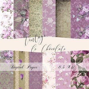 Papel digital para álbumes de recortes, papel digital, papel digital con motivos florales de lavanda, papel digital con encaje y motivos florales de color lila, papel digital con motivos florales de color lila. N.º P126.VA