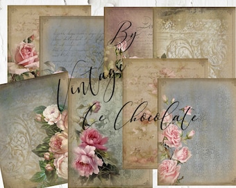 May include: A set of eight vintage-style digital paper backgrounds featuring roses and handwritten text. The papers are in shades of blue, brown, and beige with a distressed, aged look. The text reads "By Vintage Le Chocolate".