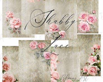 May include: A digital collage of vintage-inspired images featuring pink roses, lace, and the text "Shabby Lace Blooms Art".