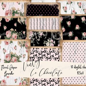 Pink Shabby Chic Roses Digital Scrapbook Paper: Vintage Black (Digital Download, 8.5x11") P415