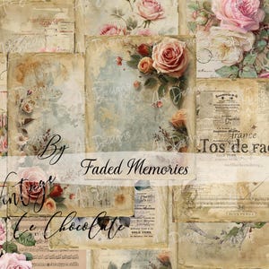 Puede incluir: Un collage de efímeras de papel vintage con colores descoloridos y acentos florales. El diseño presenta rosas en tonos de rosa y melocotón, con el texto "Faded Memories" y "Vintage Ice Chocolate".