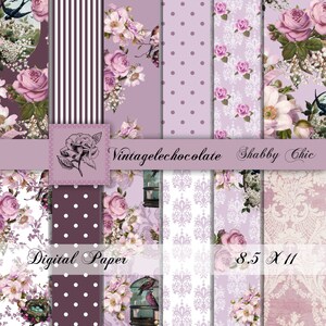 Digitaal plakboek, digitaal gebloemd shabbypapier, lila shabby digitaal papier, afdrukbaar lavendelpapier, shabby chic roze papier. Nr. P107