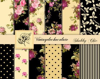 Yellow and Black Floral Paper, Digital Scrapbook Paper, Shabby Vintage Pink Roses and Black Digital Paper, Shabby Chic Roses. P91