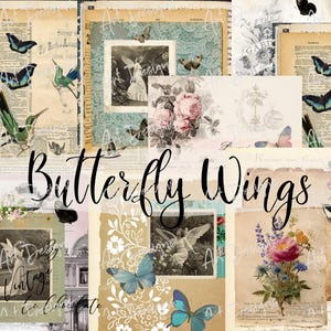 Op de afbeelding: Een digitaal collageblad met papiertexturen in vintage-stijl, botanische illustraties van roze rozen en blauwe bloemen, zwart-witfoto's van figuren met vleugels en diverse blauwe en zwarte vlinderafbeeldingen met de tekst Butterfly Wings.