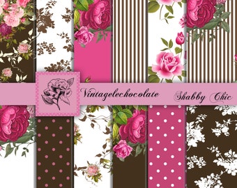 Peut inclure: Une collection de papiers numériques présentant des panneaux verticaux avec des motifs de roses roses, des rayures brunes et blanches, des pois blancs sur fond rose et des silhouettes florales brunes. Une bannière rose affiche Vintagelechocolate Shabby Chic.