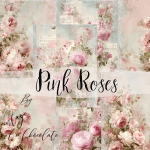 Può includere: Un collage di rose rosa su uno sfondo in stile vintage. L'immagine presenta varie composizioni di rose rosa, con il testo "Pink Roses" e "By Vintage Co Chocolate" in un carattere corsivo.