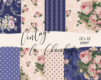Shabby Chic Digital Paper: Navy, Pink Rose, Vintage (Digital Download) P94