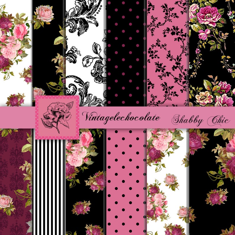 Digital Scrapbook Paper, Pink Floral Digital Papers, Pink and Black Vintage Rose Paper, Shabby Chic Floral Digital Paper. No. P90.VA image 1