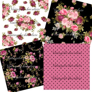 Digital Scrapbook Paper, Pink Floral Digital Papers, Pink and Black Vintage Rose Paper, Shabby Chic Floral Digital Paper. No. P90.VA image 2