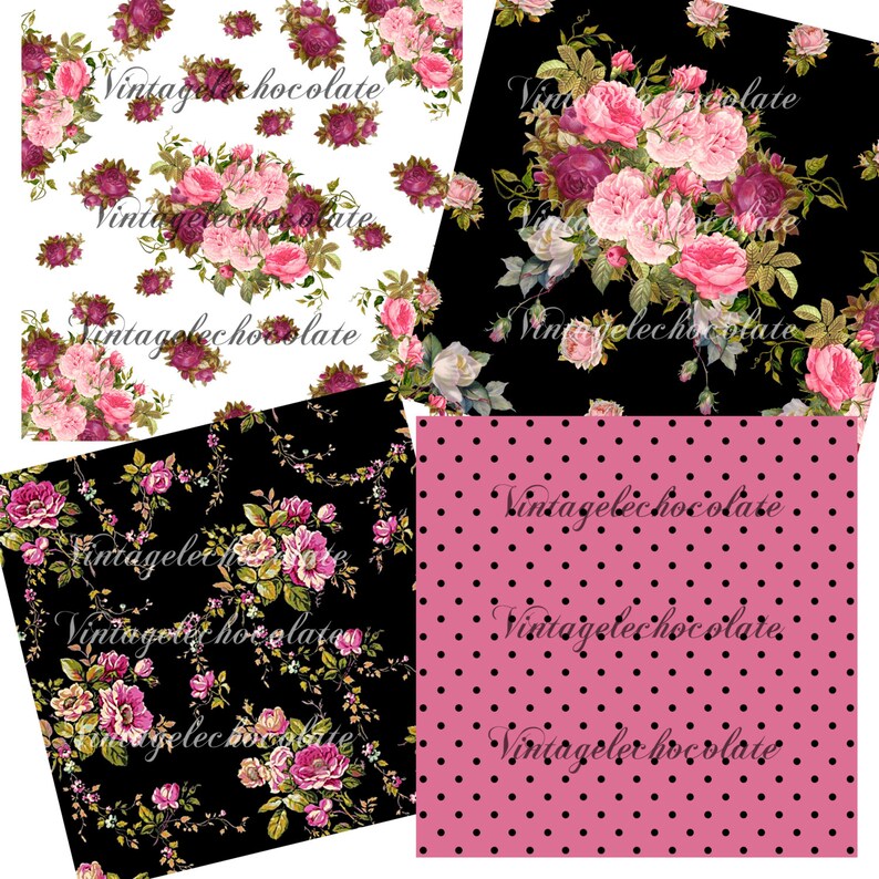 Digital Scrapbook Paper, Pink Floral Digital Papers, Pink and Black Vintage Rose Paper, Shabby Chic Floral Digital Paper. No. P90.VA image 2