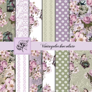 Papel digital con motivos florales en tonos rosa y lila, papel digital imprimible, paquete de papel para álbumes de recortes. P71.VA