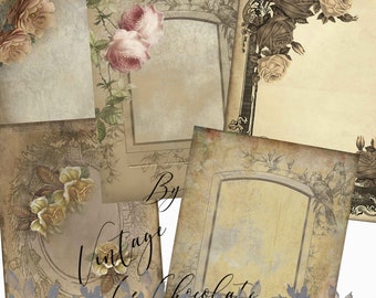 May include: A collection of vintage-style scrapbook paper sheets. The sheets feature floral and botanical designs, including roses and other flowers, with a distressed, aged appearance. The text "By Vintage Le Chocolate" is visible.