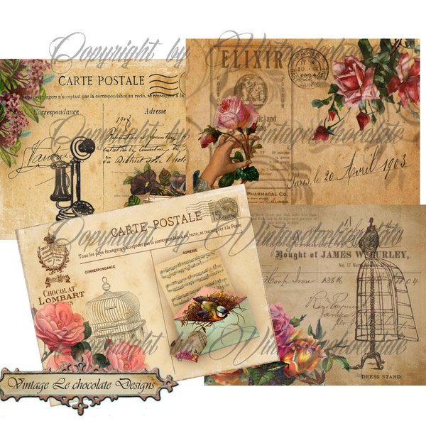 Digital Paper, Digital Shabby Postcards, Printable Digital Paper Cards and Tags, Shabby Ephemera Collage, Labels. No. 710