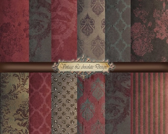 Vintage Scrapbook Paper: Red Victorian Floral Damask, Digital Damask Rose Paper. P252