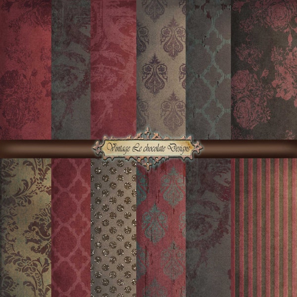 Scrapbook Paper, Vintage Texture Paper, Red Victorian Floral Damask, Digital Damask Rose Paper. No. P252