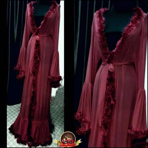 Burgundy Chiffon Dressing Gown, Boudoir Lingerie, Burgundy Marabou Feathers Robe, Sheer Feather Kimono
