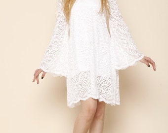 Off-Shoulder Lace Wedding Dress, 70s Boho Bell Sleeve