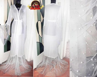 Pearls White Bridal Robe/ Wedding Robe/ White Romantic Dress/ Getting Ready Robe/ Long Wedding Kimono/ Maxi Bridal Robe