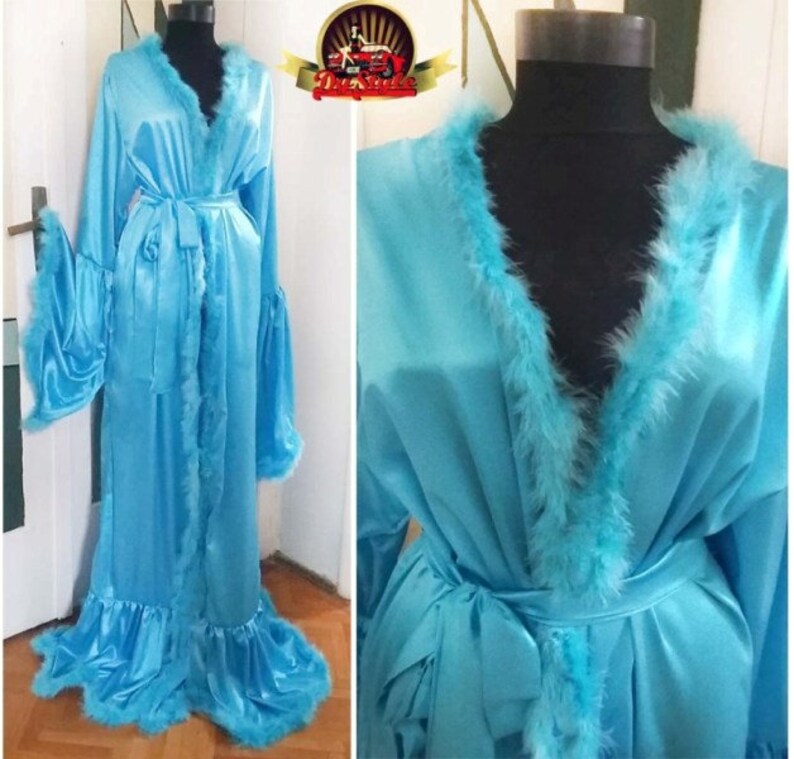 Mint Green Satin Robe Green Marabou Feather Dressing Gown Etsy