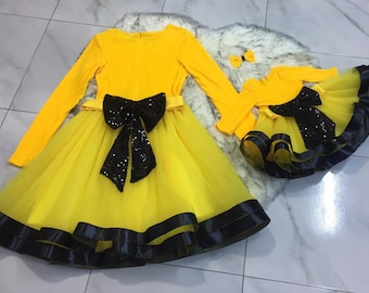 Mother daughter yellow velvet and tulle dresses / mommy & me matching dresses