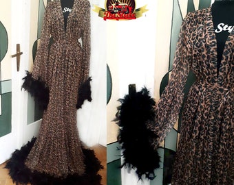 Custom Leopard Feather Robe, Bell Sleeves, Animal Print Gown