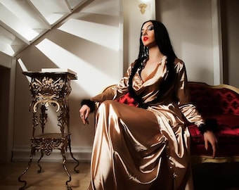 Gold Satin Robe with Marabou Feathers, Vintage Style Boudoir Gown
