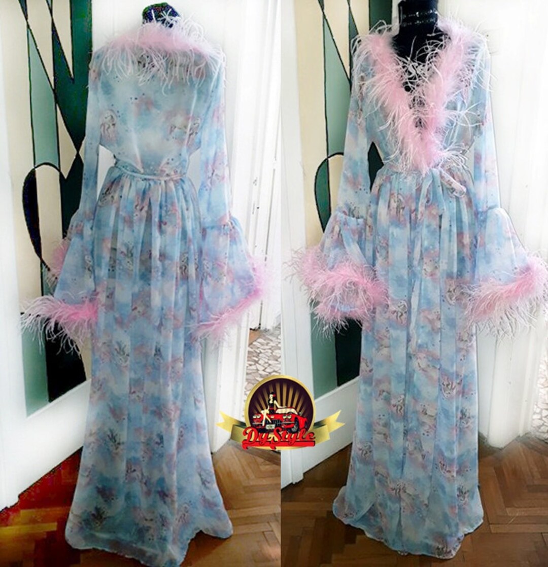 Bell Ringing Robe Chiffon Ostrich Feather Robe Dress, Blue Bell Sleeve Gown - Etsy