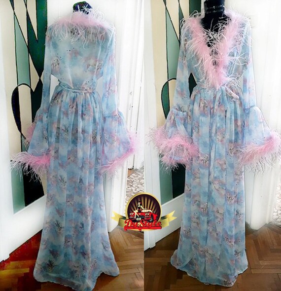Chiffon Ostrich Feather Robe Dress, Blue Bell Sleeve Gown