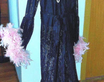 Black Lace Feather Robe, Custom Boudoir Dressing Gown