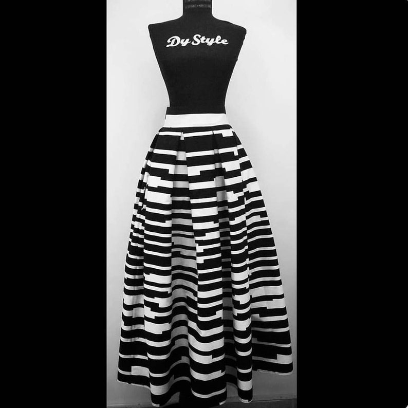 Maxi Floor Skirt, Pleated Stripes Black and White Long Skirt With Pockets, Bridemaids Skirt, Prom Skirt, Stripes long skirt, Plus size skirt image 2