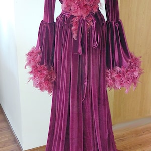 Grape purple Velvet Feathers Robe, Feathers Dressing Gown, Burlesque Stage Burgundy Dress